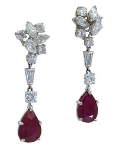 Pear Shape Ruby and Mixed Cut Diamond Dangle Earrings