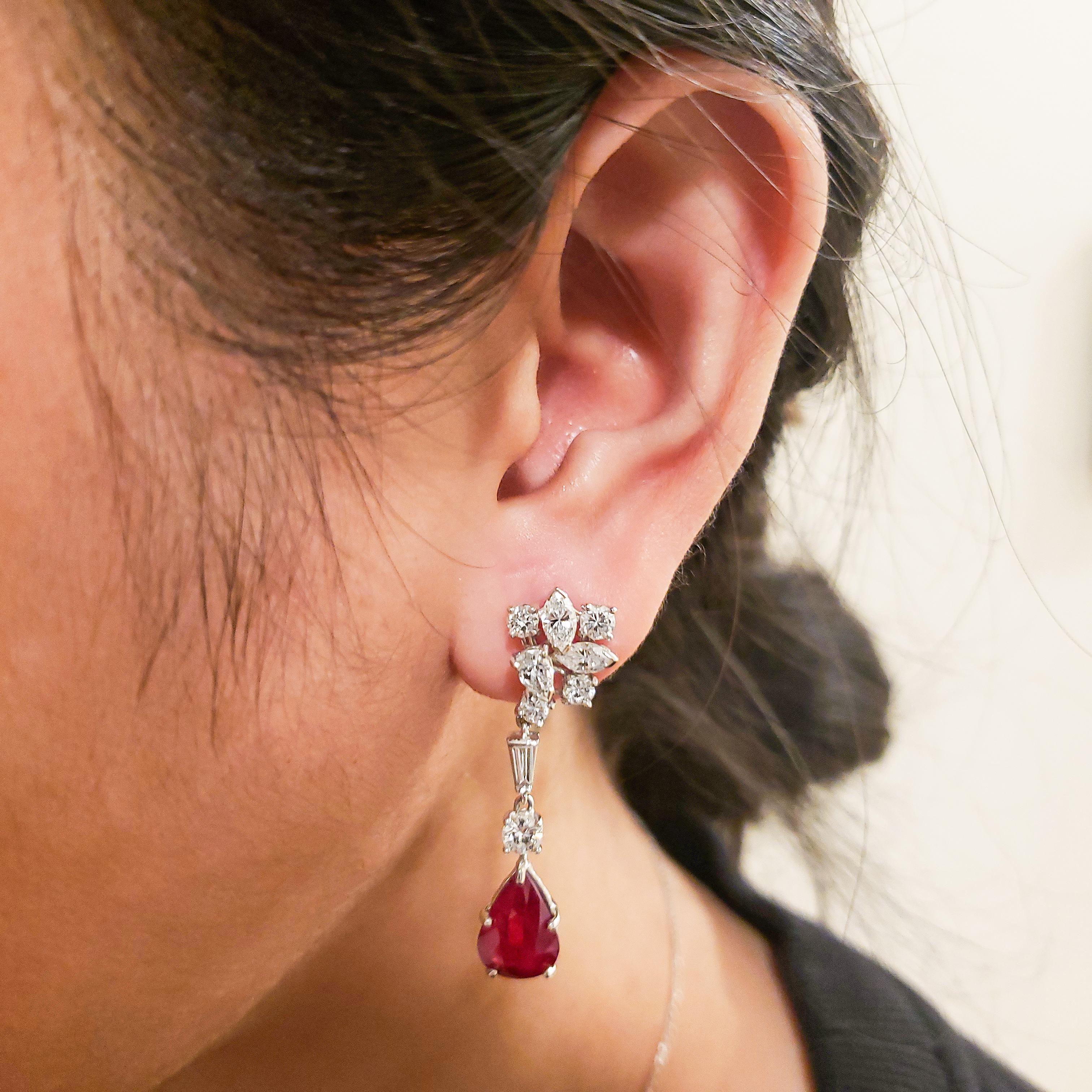 Pear Cut Pear Shape Ruby and Mixed Cut Diamond Dangle Earrings For Sale