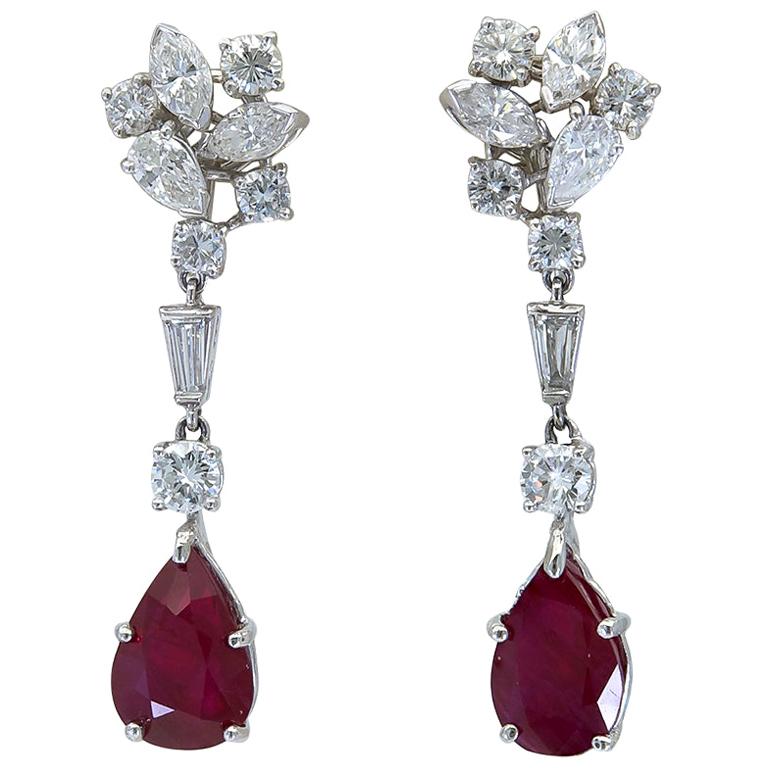 Pear Shape Ruby and Mixed Cut Diamond Dangle Earrings For Sale