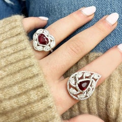Pear Shape Ruby Cocktail Ring Intricate Leaf Design 18K White Gold