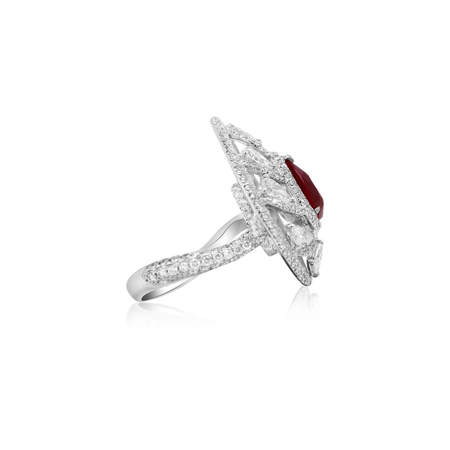 Contemporary Pear Shape Ruby Cocktail Ring Intricate Leaf Design 18K White Gold