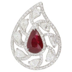 Pear Shape Ruby Cocktail Ring Intricate Leaf Design 18K White Gold