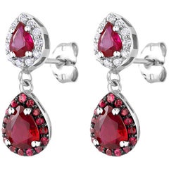 Pear Shape Ruby Diamond Halo Gold Drop Earrings