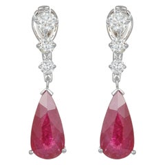 Pear Shape Ruby Drop Dangle Earrings Graduating Round White Diamond 14K Gold