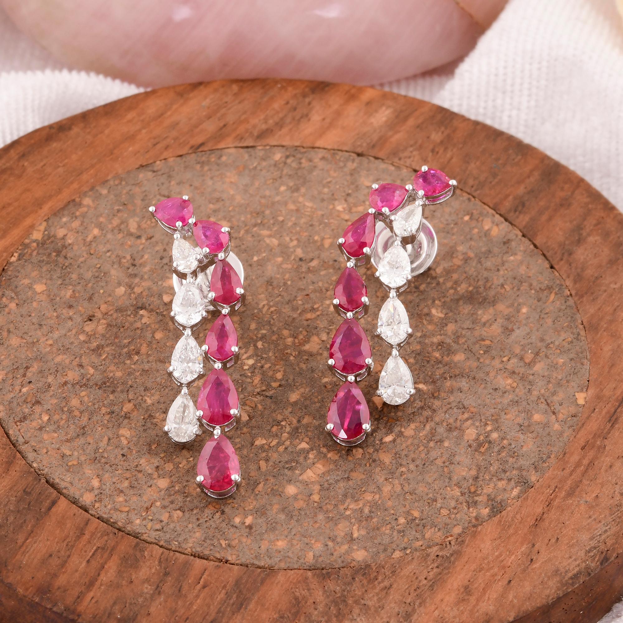 Pear Cut Pear Shape Ruby Gemstone Dangle Earrings Diamond 14 Karat White Gold Jewelry For Sale