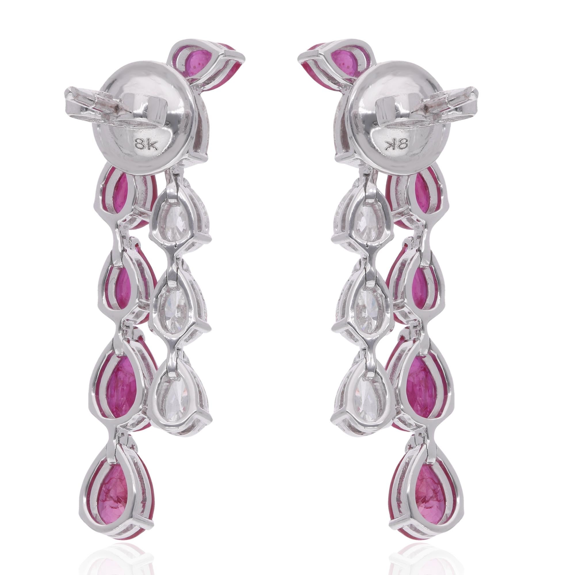 Women's Pear Shape Ruby Gemstone Dangle Earrings Diamond 14 Karat White Gold Jewelry For Sale