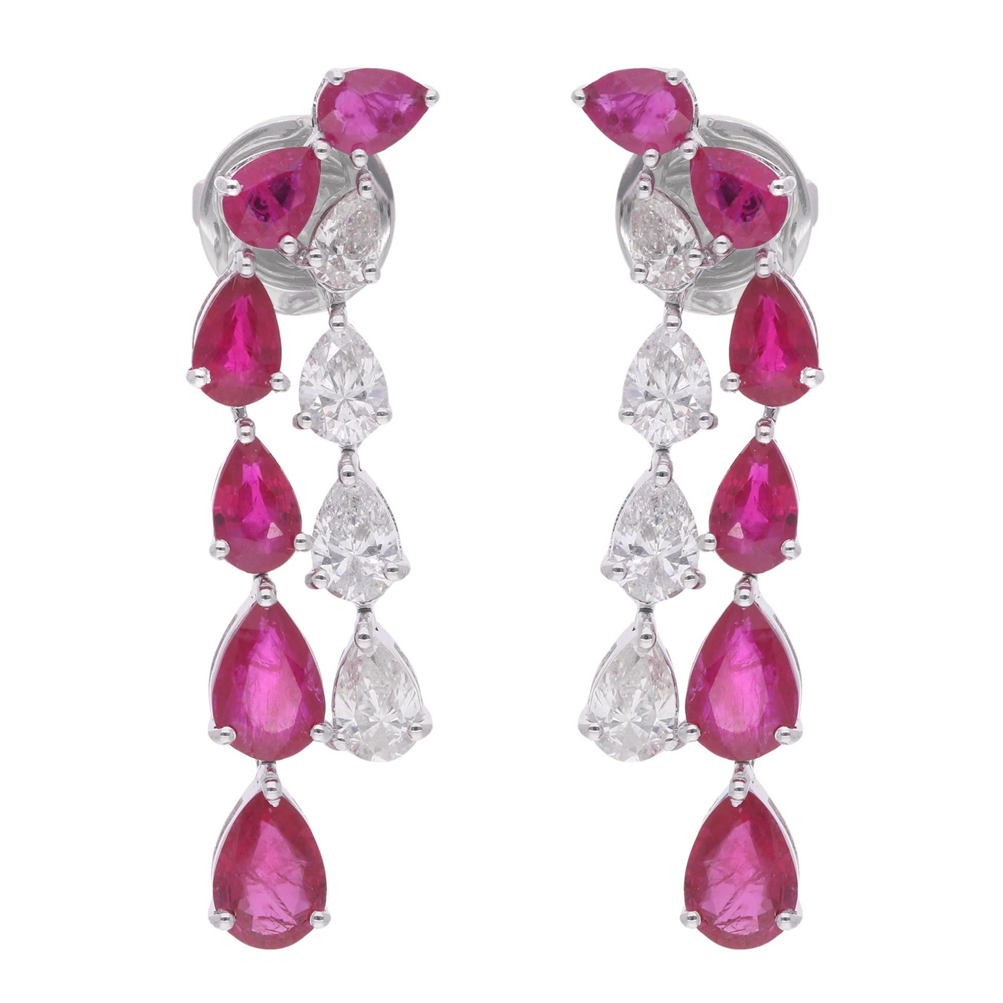 Pear Shape Ruby Gemstone Dangle Earrings Diamond 14 Karat White Gold Jewelry