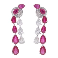 Pear Shape Ruby Gemstone Dangle Earrings Diamond 14 Karat White Gold Jewelry