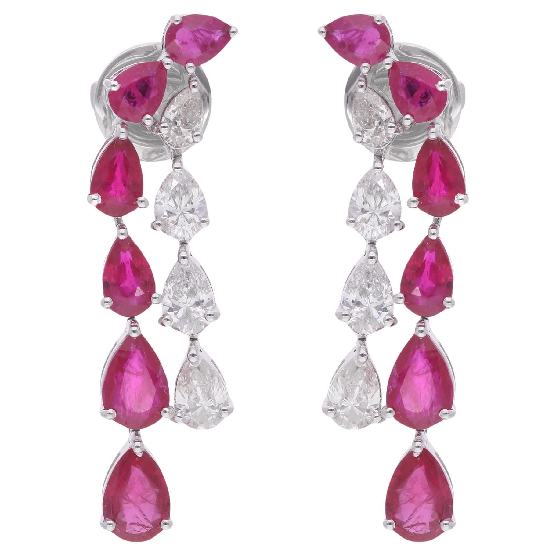 Pear Shape Ruby Gemstone Dangle Earrings Diamond 14 Karat White Gold Jewelry For Sale