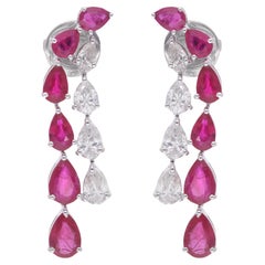 Pear Shape Ruby Gemstone Dangle Earrings Diamond 14 Karat White Gold Jewelry