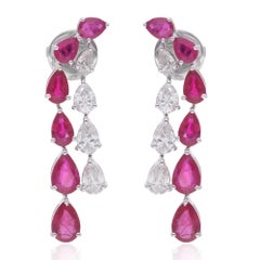 Pear Shape Ruby Gemstone Dangle Earrings Diamond 14 Karat White Gold Jewelry