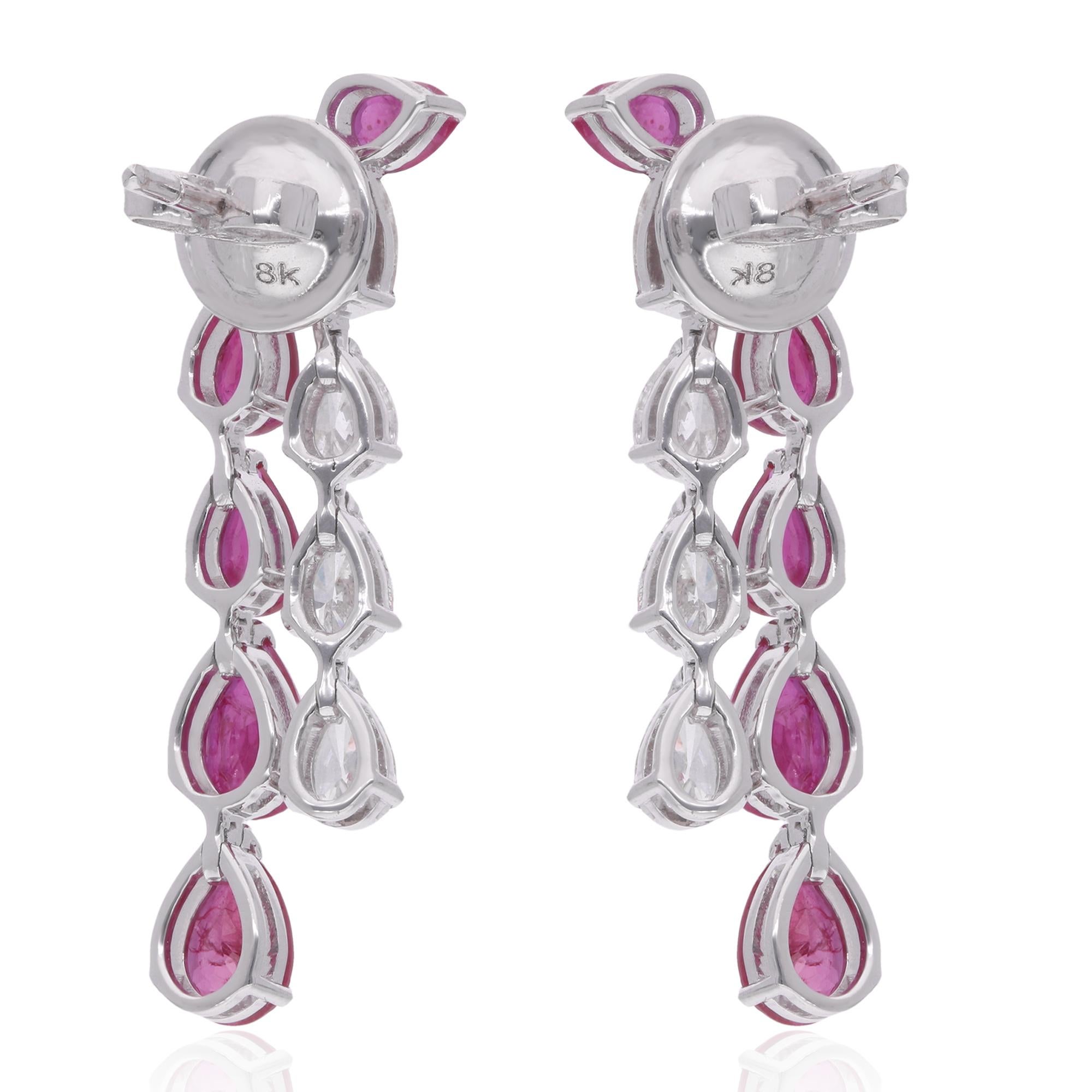 Pear Shape Ruby Gemstone Dangle Earrings Diamond 18 Karat White Gold Jewelry In New Condition For Sale In Diera, Dubai