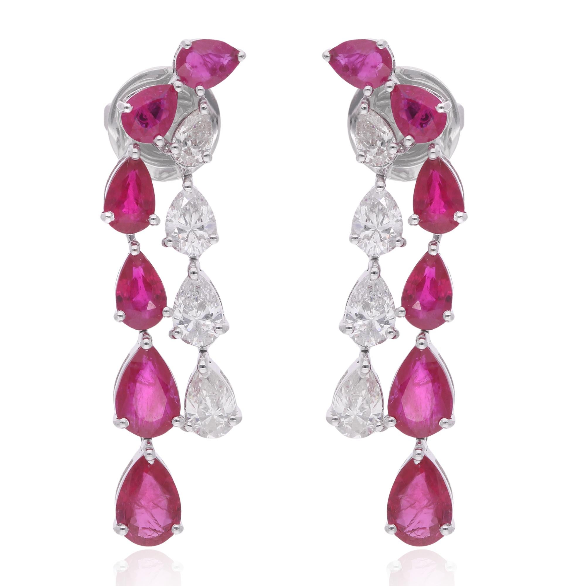 Pear Shape Ruby Gemstone Dangle Earrings Diamond 18 Karat White Gold Jewelry