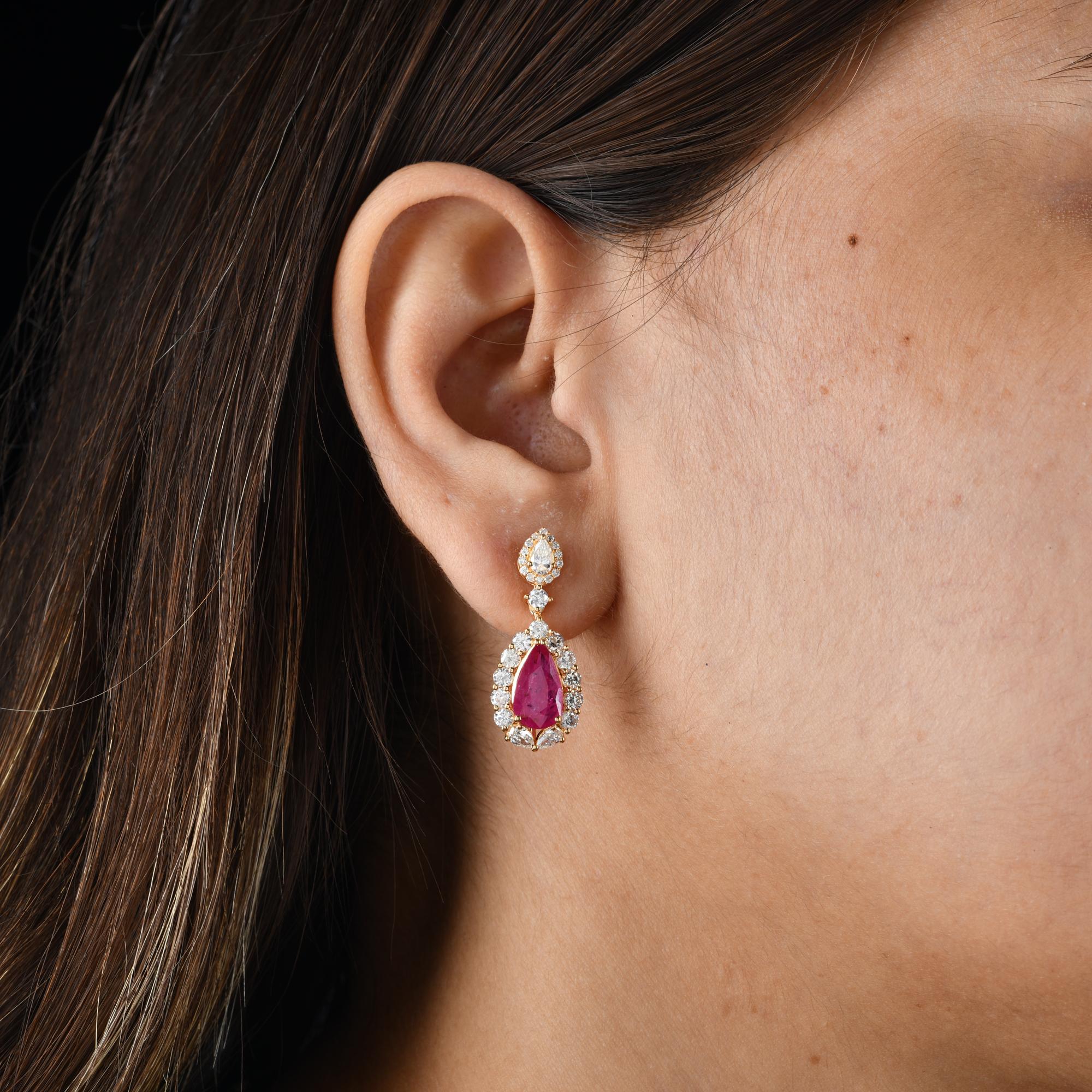 Pear Cut Pear Shape Ruby Gemstone Dangle Earrings Diamond 18 Karat Yellow Gold Jewelry For Sale