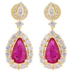 Pear Shape Ruby Gemstone Dangle Earrings Diamond 18 Karat Yellow Gold Jewelry
