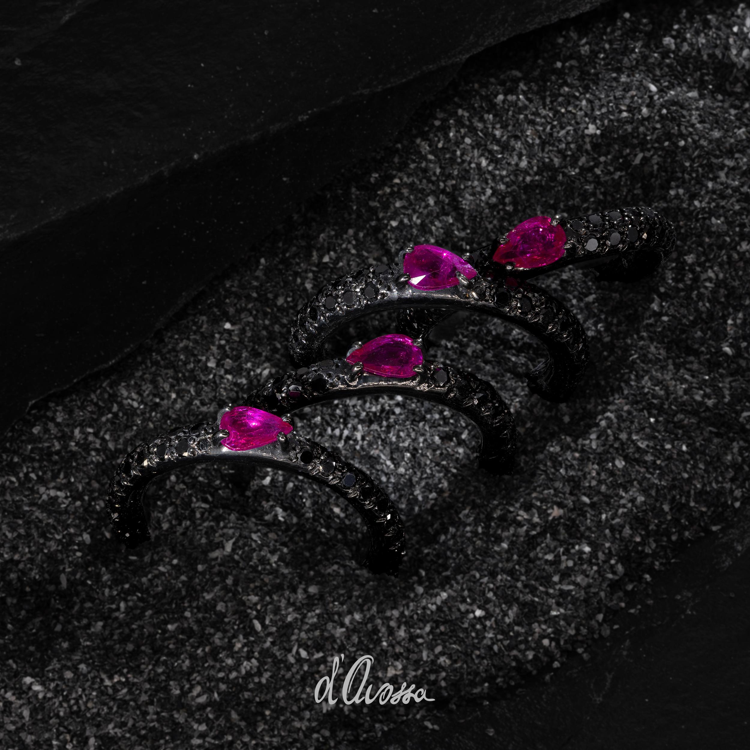 0.46 Carats Pear Shape Ruby on Black Diamonds Pavé d'Avossa Ring For Sale 2