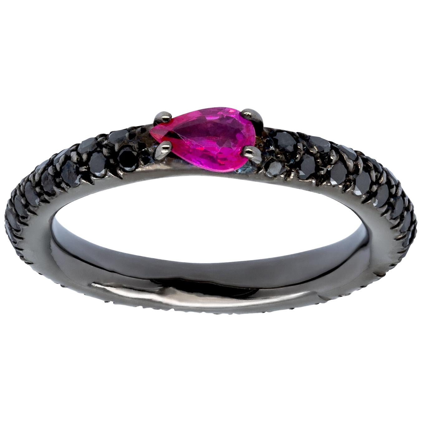 0.46 Carats Pear Shape Ruby on Black Diamonds Pavé d'Avossa Ring For Sale