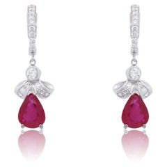 Pear Shape Ruby Ribbon Diamonds Dangle Drop Earrings 14K White Gold