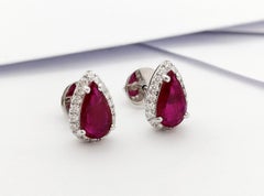 Pear Shape Ruby with Diamond Earrings set in 18K White Gold Settings