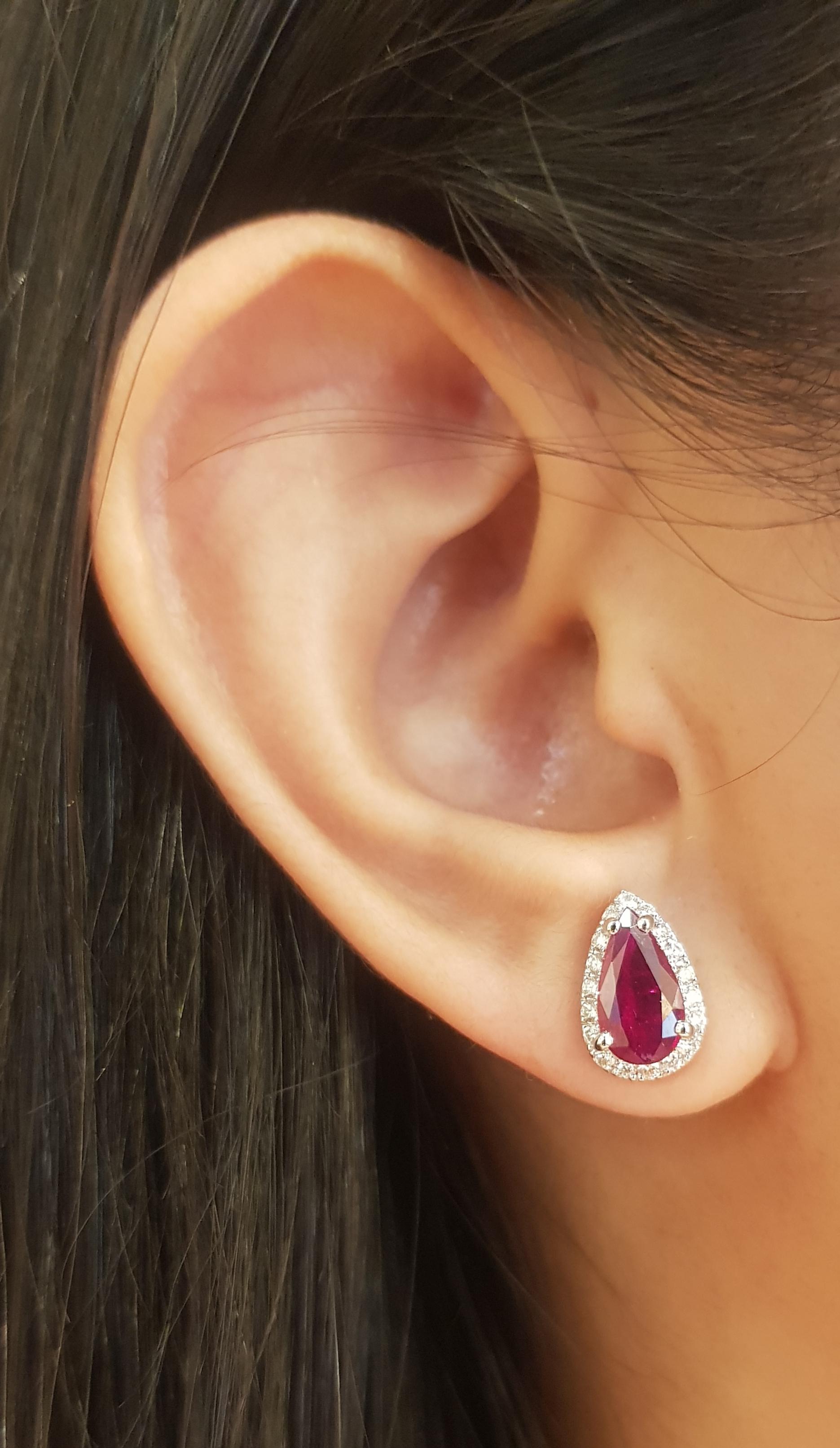 Pear Cut Pear Shape Ruby with Diamond Earrings set in 18K White Gold Settings For Sale