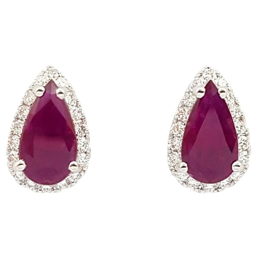 Pear Shape Ruby with Diamond Earrings set in 18K White Gold Settings For Sale