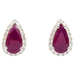 Pear Shape Ruby with Diamond Earrings set in 18K White Gold Settings