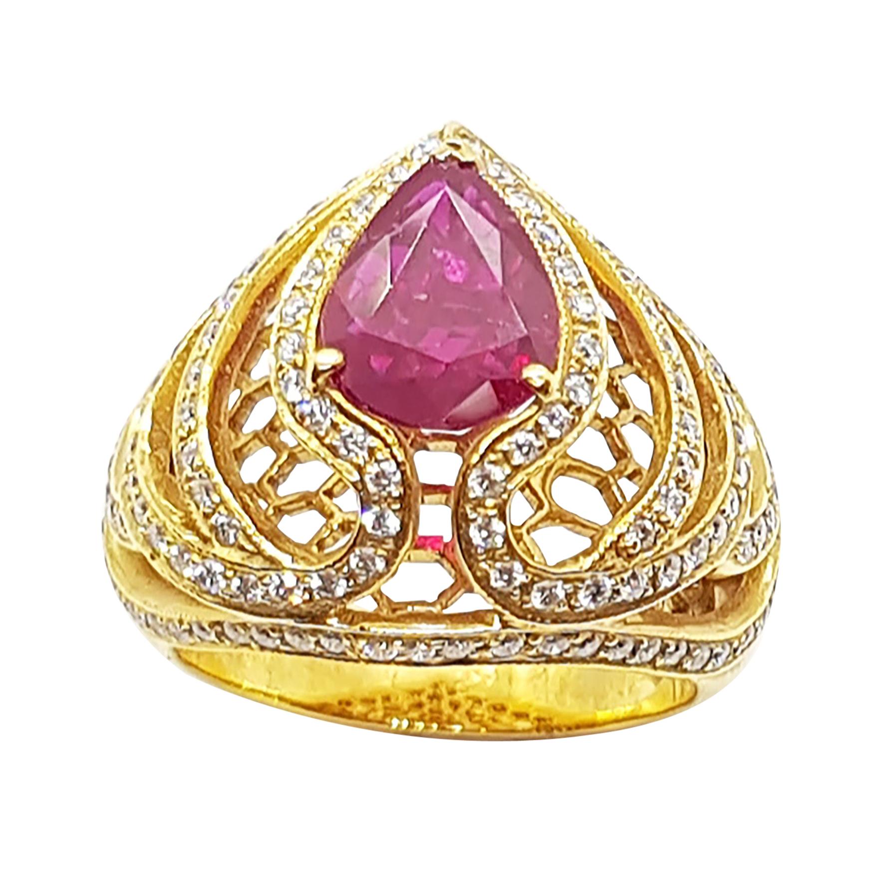 Pear Shape Ruby with Diamond Ring Set in 18 Karat Rose Gold Settings For Sale