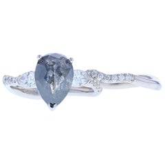 Pear Shape Salt and Pepper Diamond Engagement Ring with Matching Wedding Band