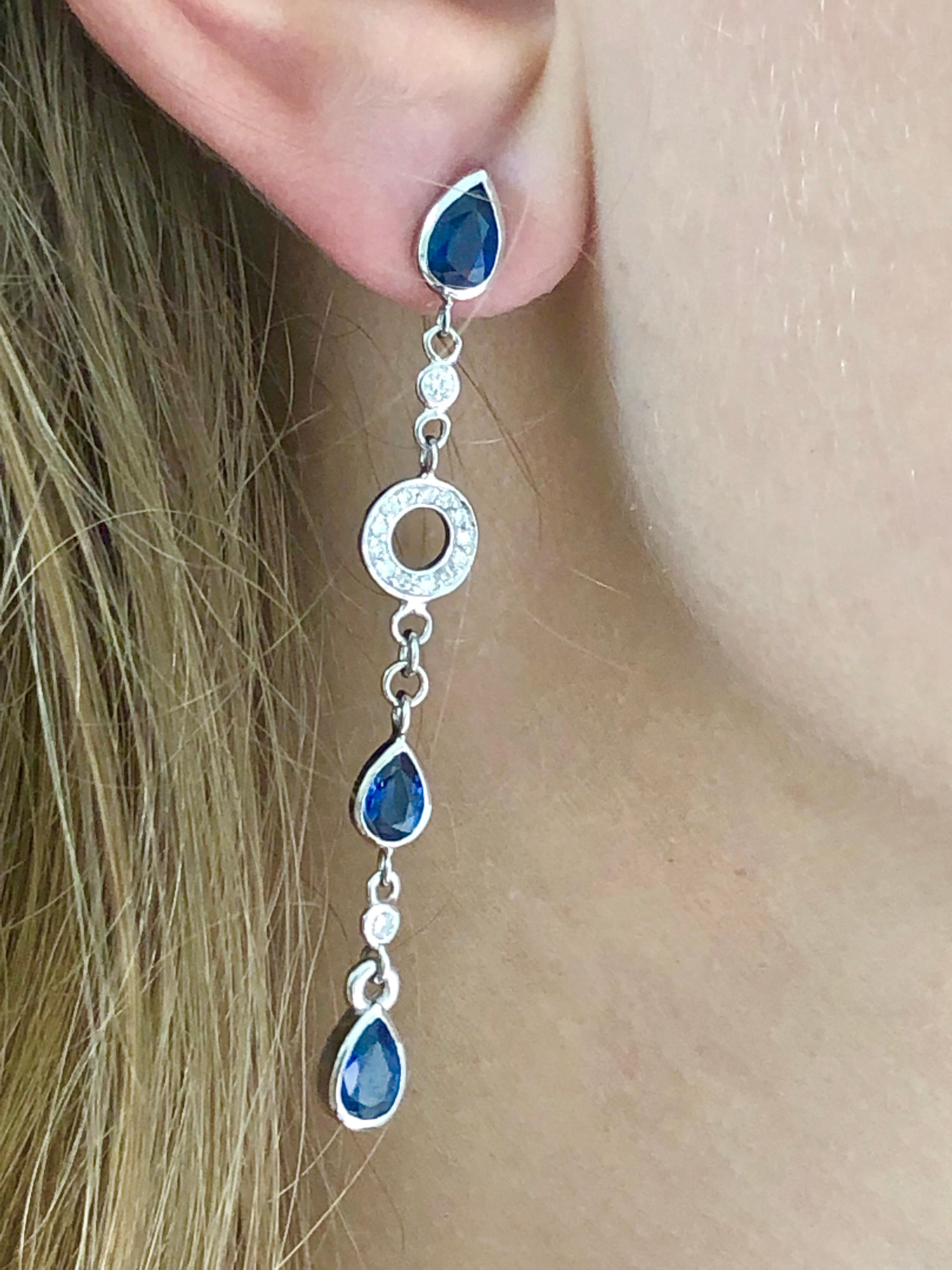 Modern Pear Shape Sapphire and Diamond 2.5 Inch Long Earrings Weighing 5.60 Carat 