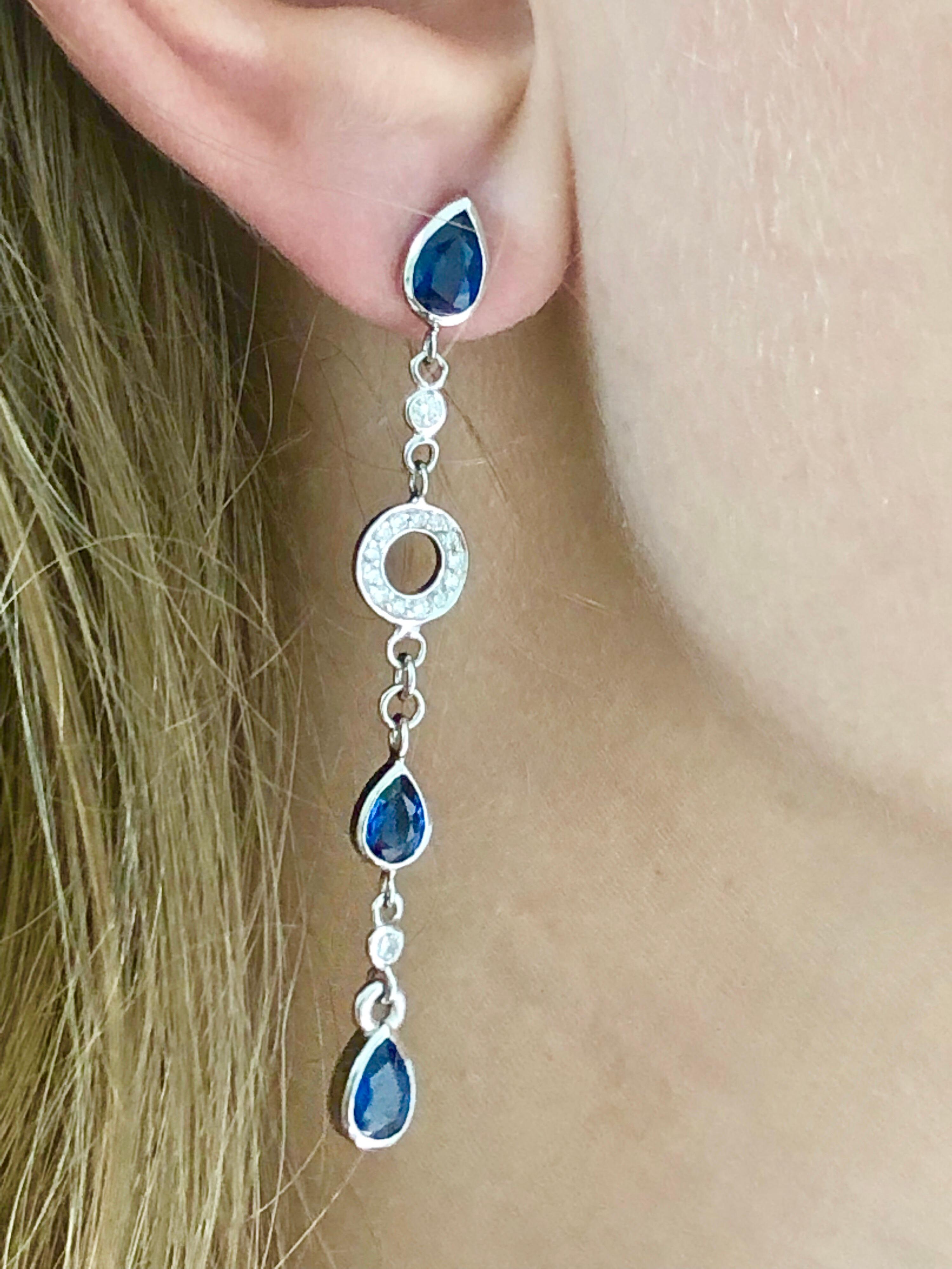 Pear Shape Sapphire and Diamond 2.5 Inch Long Earrings Weighing 5.60 Carat  In New Condition In New York, NY