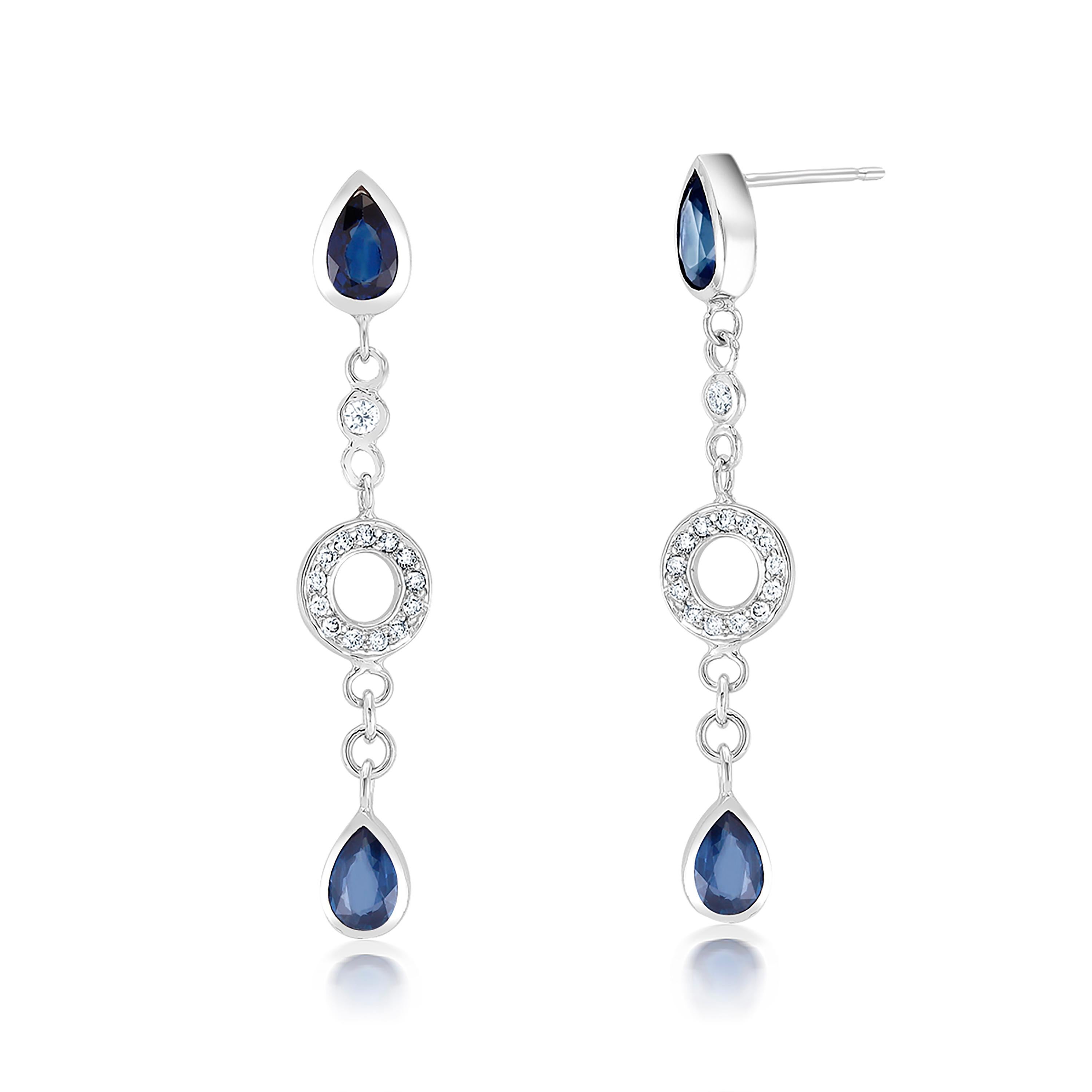 Pear Cut Double Tiered Pear Shaped Sapphire and Circle Diamond White Gold Drop Earrings 