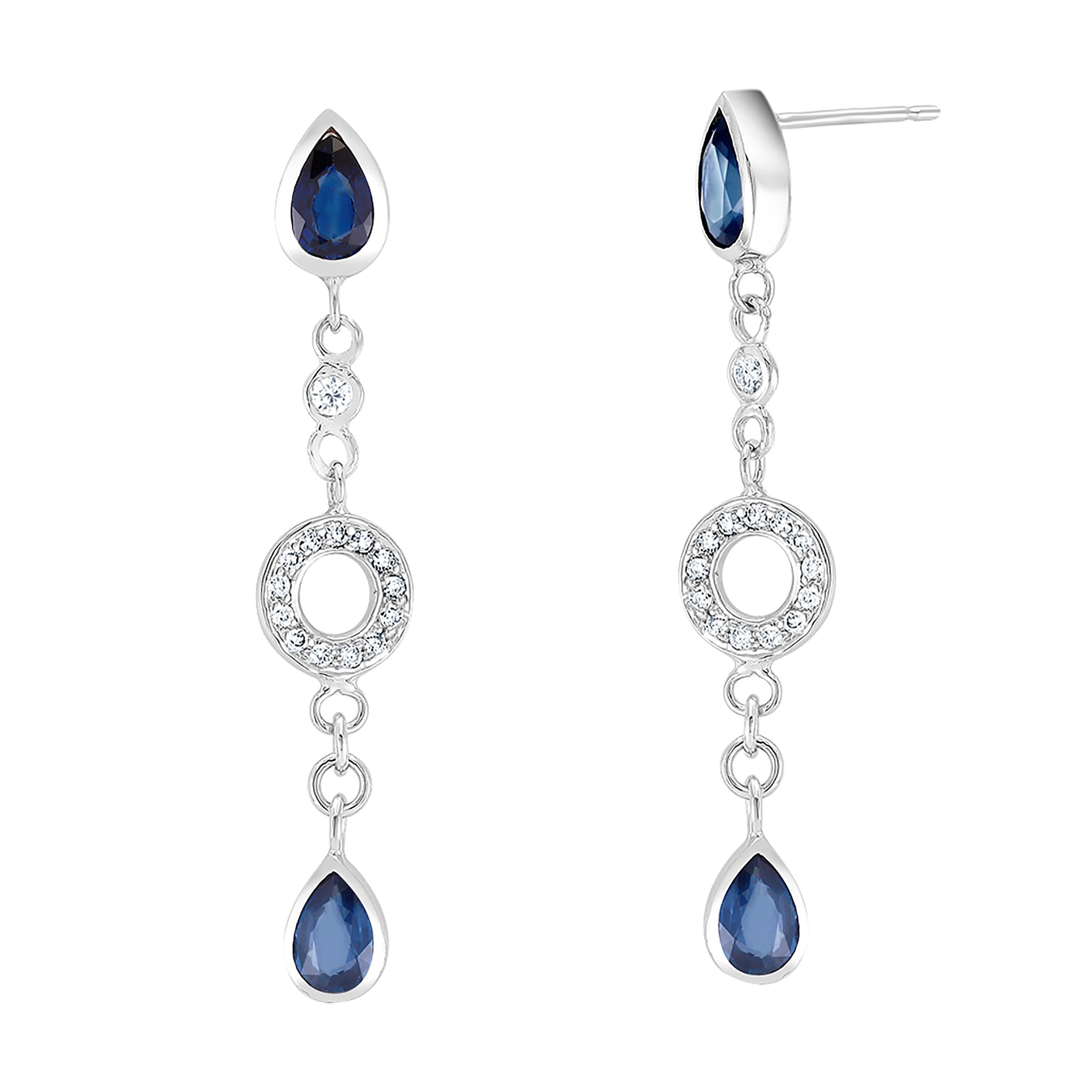 Double Tiered Pear Shaped Sapphire and Circle Diamond White Gold Drop Earrings 
