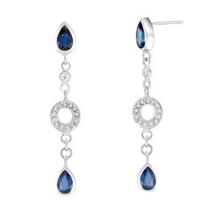 Double Tiered Pear Shaped Sapphire and Circle Diamond White Gold Drop Earrings