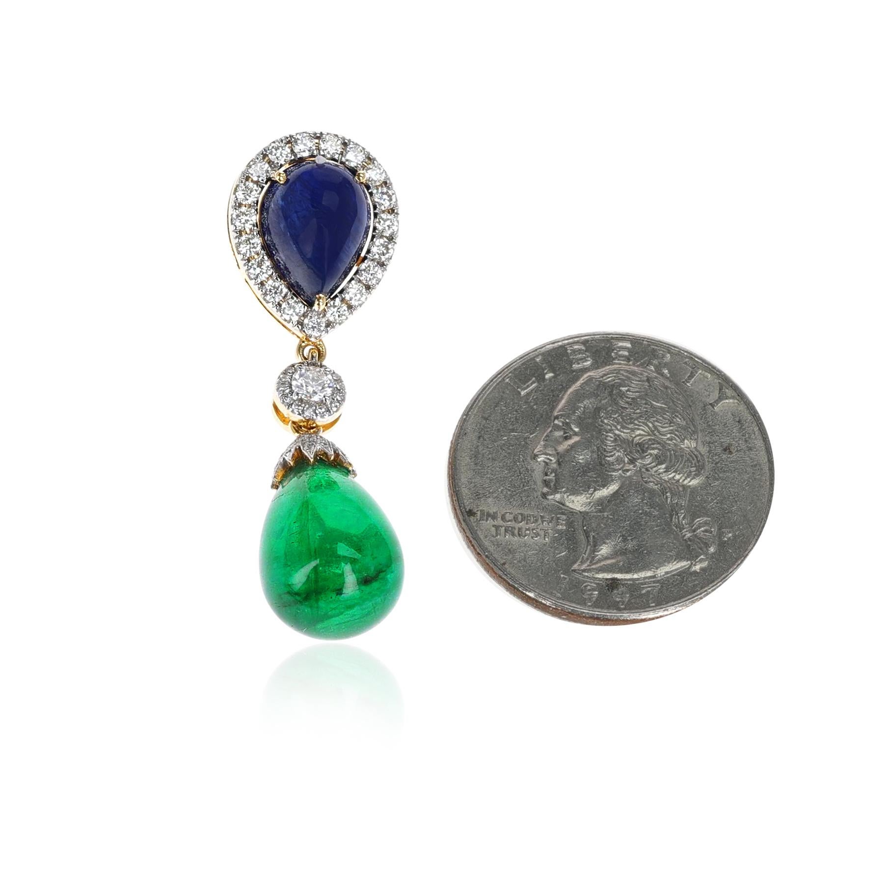 Pear Cut Pear Shape Sapphire and Emerald Drop Pendant with Diamonds, 18K