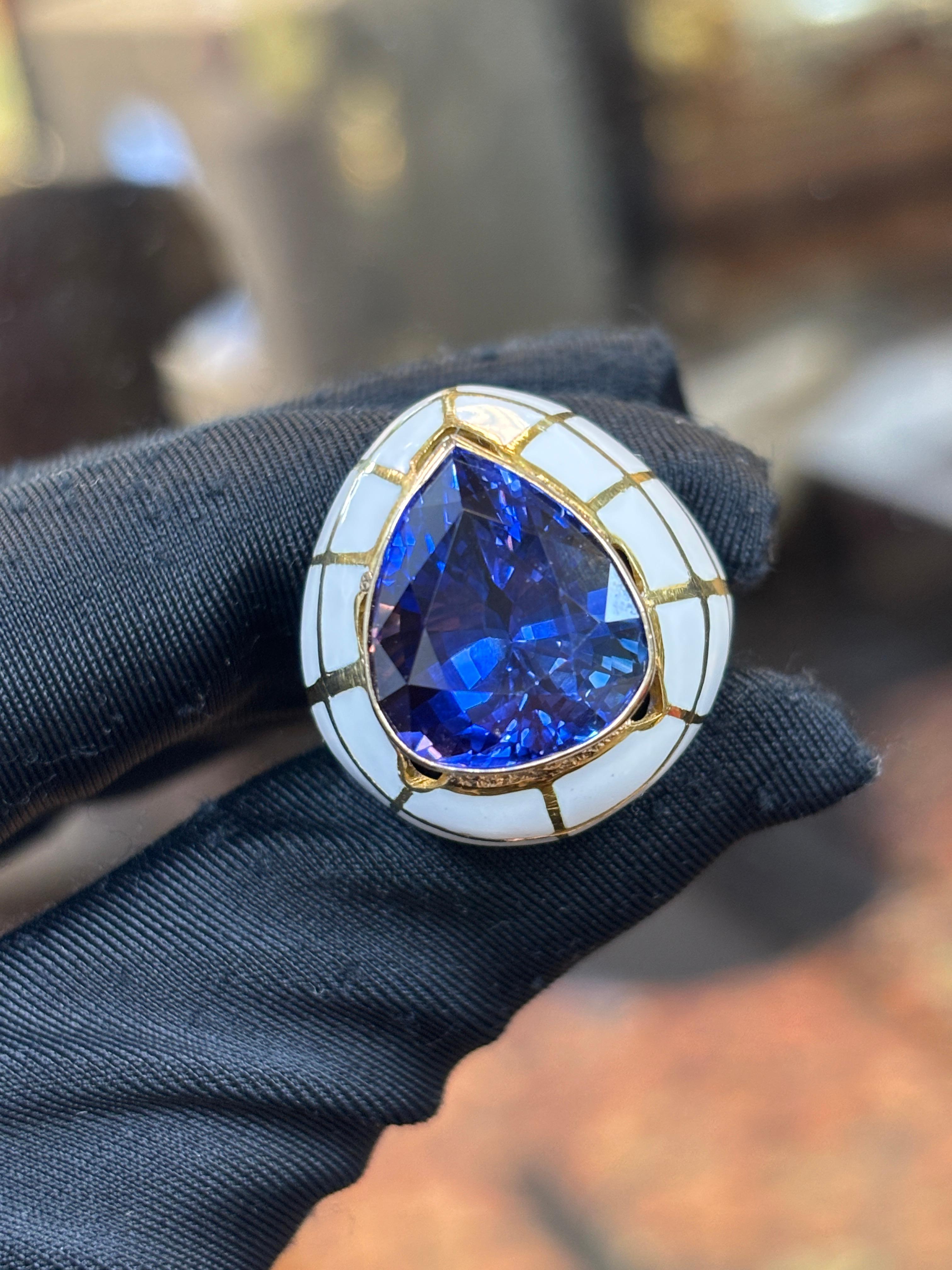 Pear Cut Pear Shape Sapphire and Enamel Ring For Sale