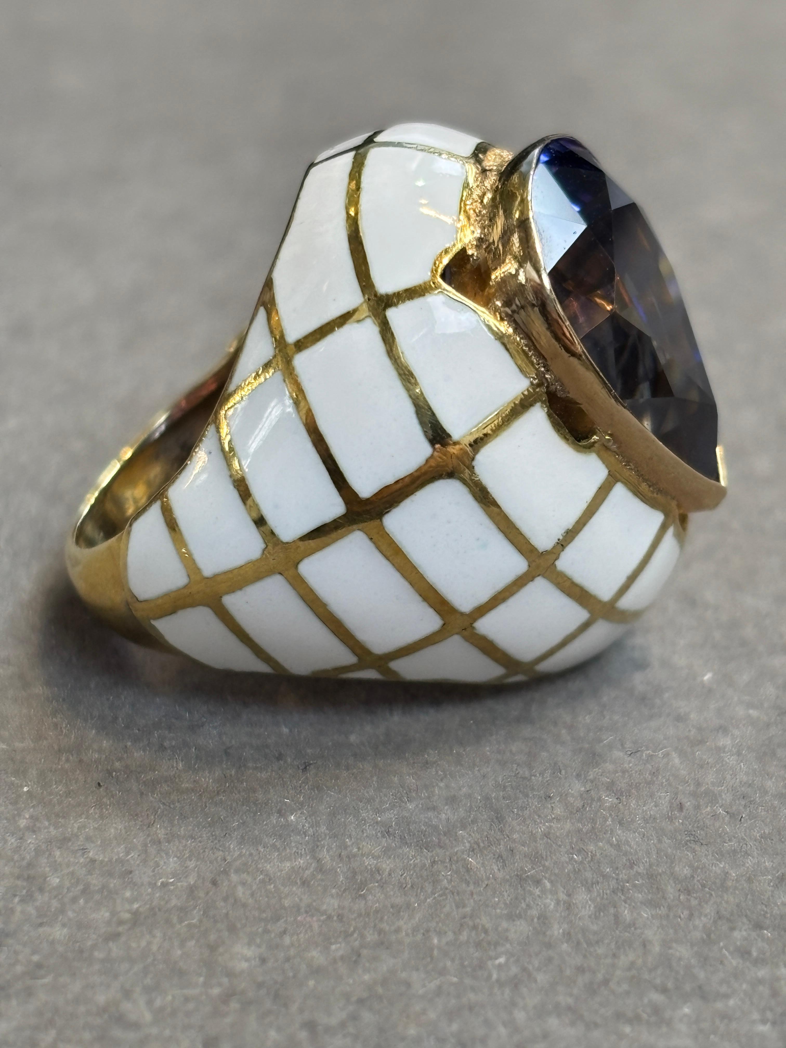 Pear Shape Sapphire and Enamel Ring For Sale 1