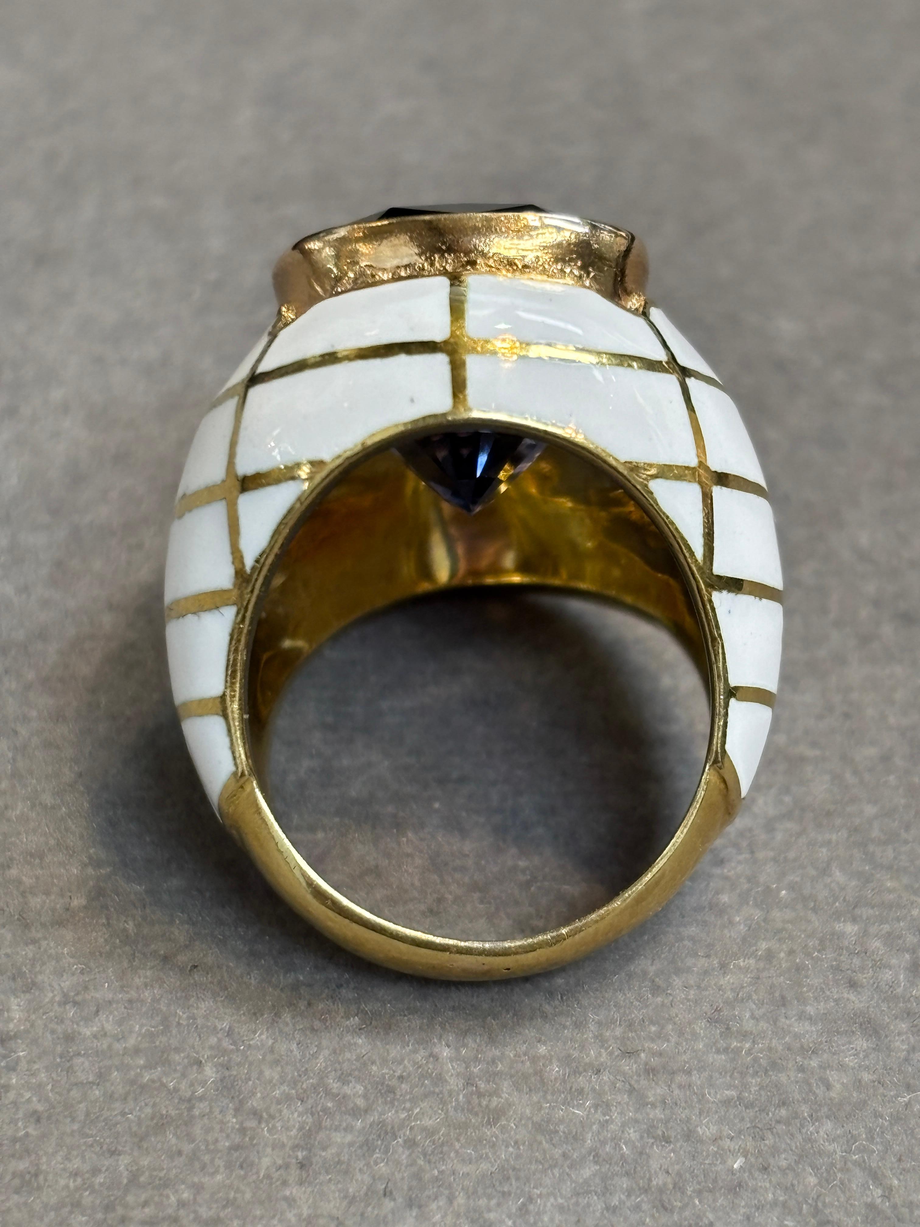 Pear Shape Sapphire and Enamel Ring For Sale 2