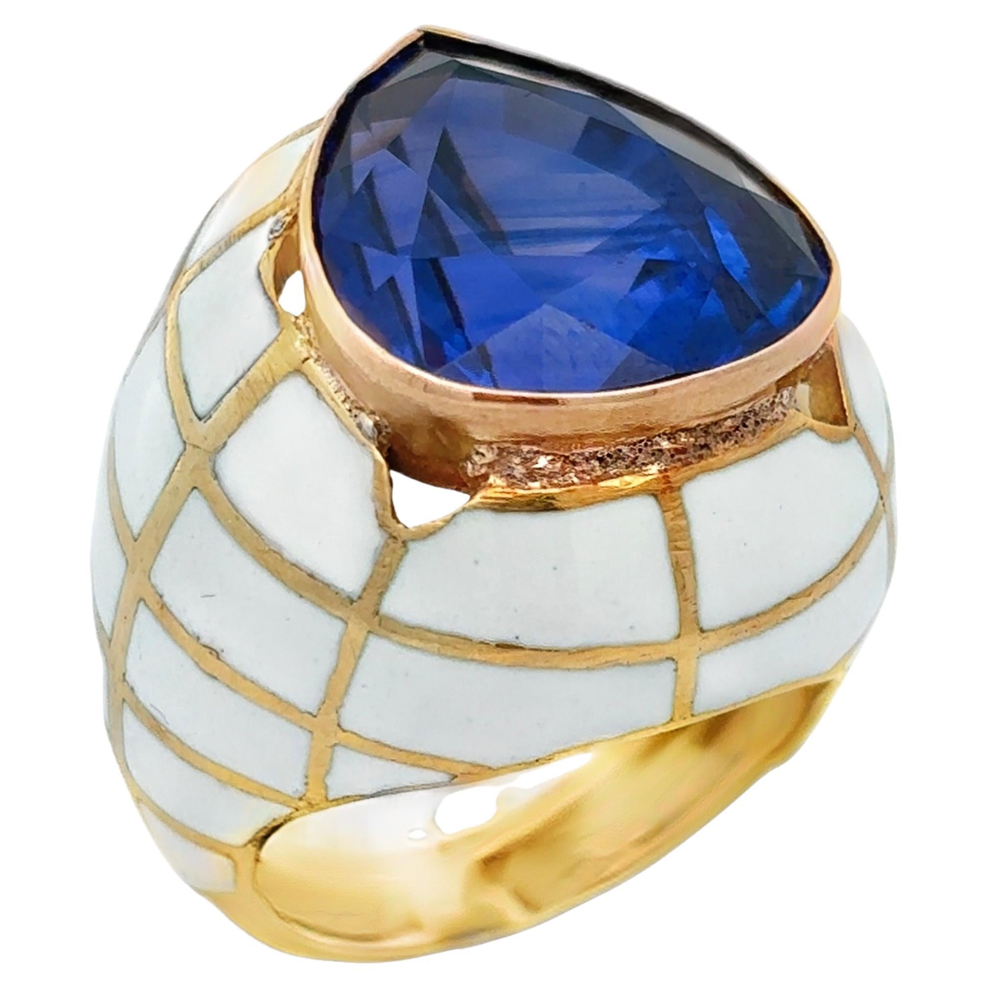 Pear Shape Sapphire and Enamel Ring For Sale