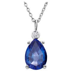 Gold Drop Pendant Necklace with Pear Shape Blue Sapphire and Diamond