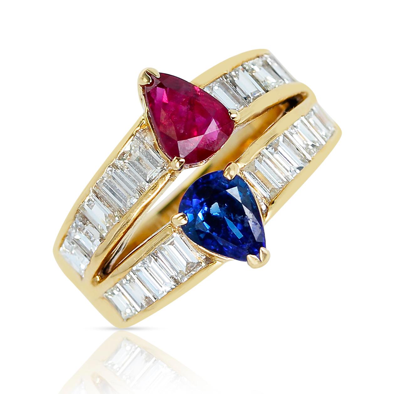Pear Cut Pear Shape Sapphire and Ruby Ring with Emerald-Cut Diamonds, 18k Yellow Gold For Sale