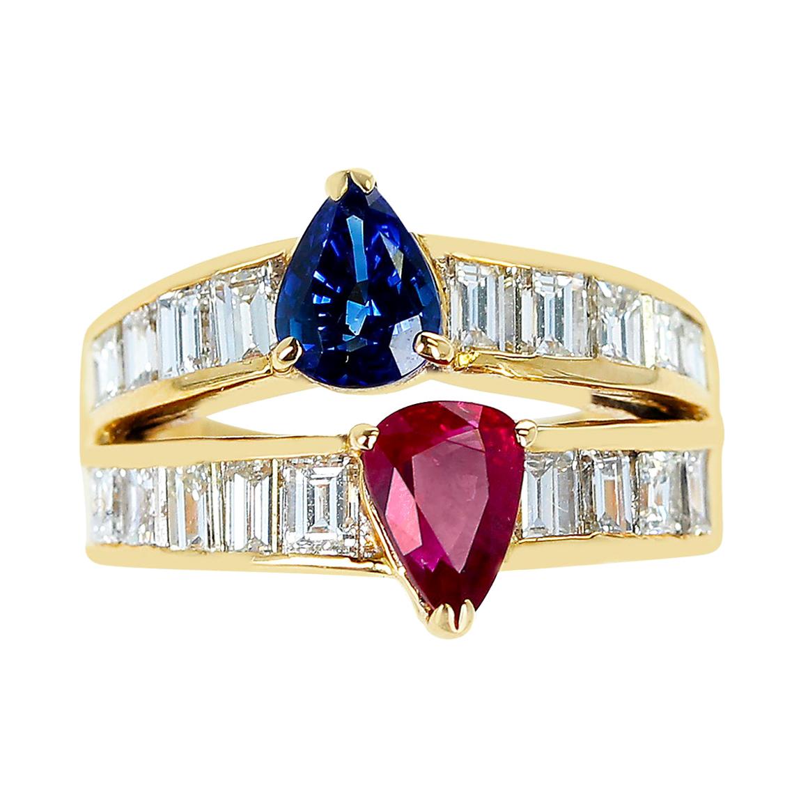 Pear Shape Sapphire and Ruby Ring with Emerald-Cut Diamonds, 18k Yellow Gold For Sale