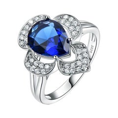 Pear Shape Sapphire Blue Cubic Zirconia Four-Clover Style Sterling Silver Ring
