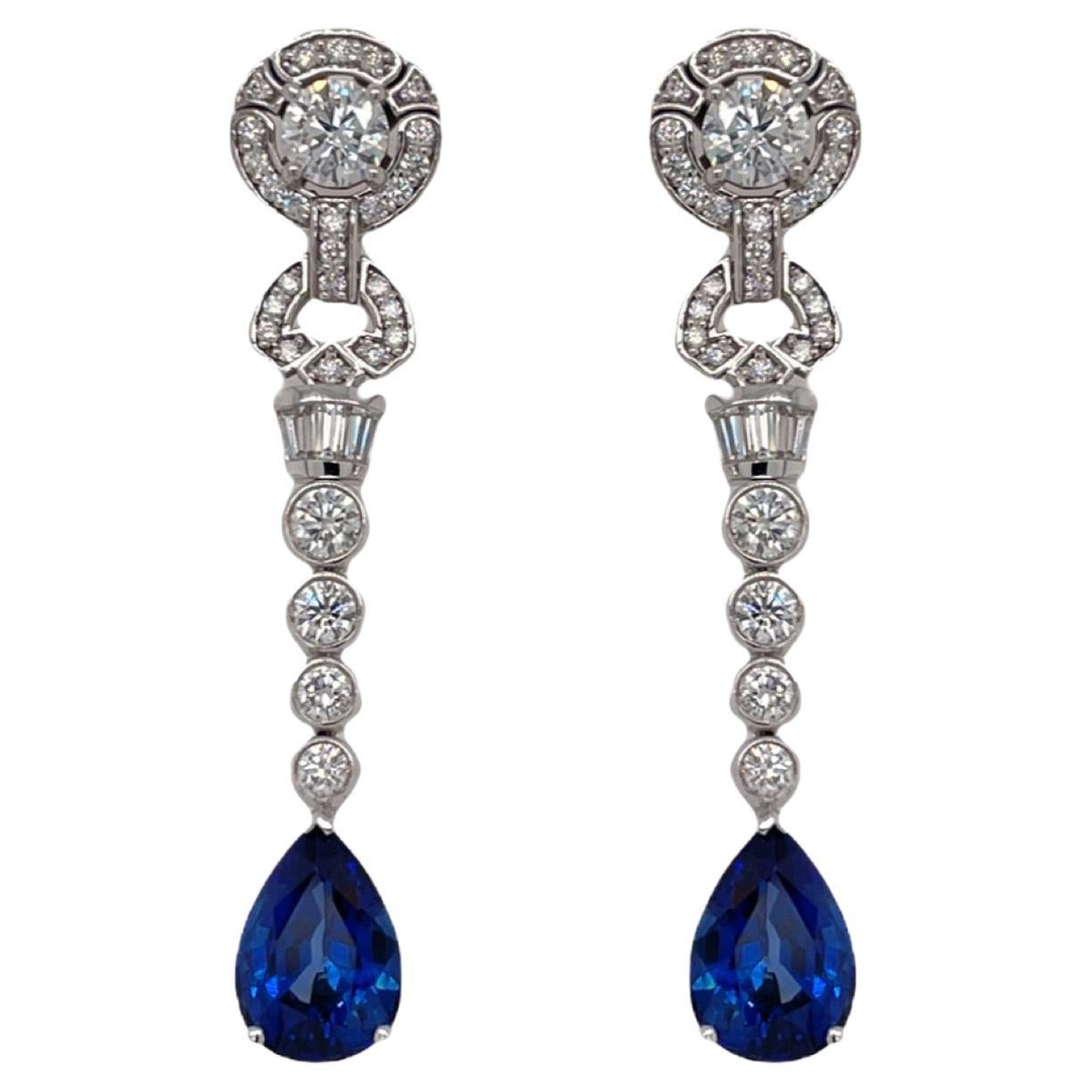GIA Certified Pear Shape Sapphire & Diamond Drop Earring For Sale
