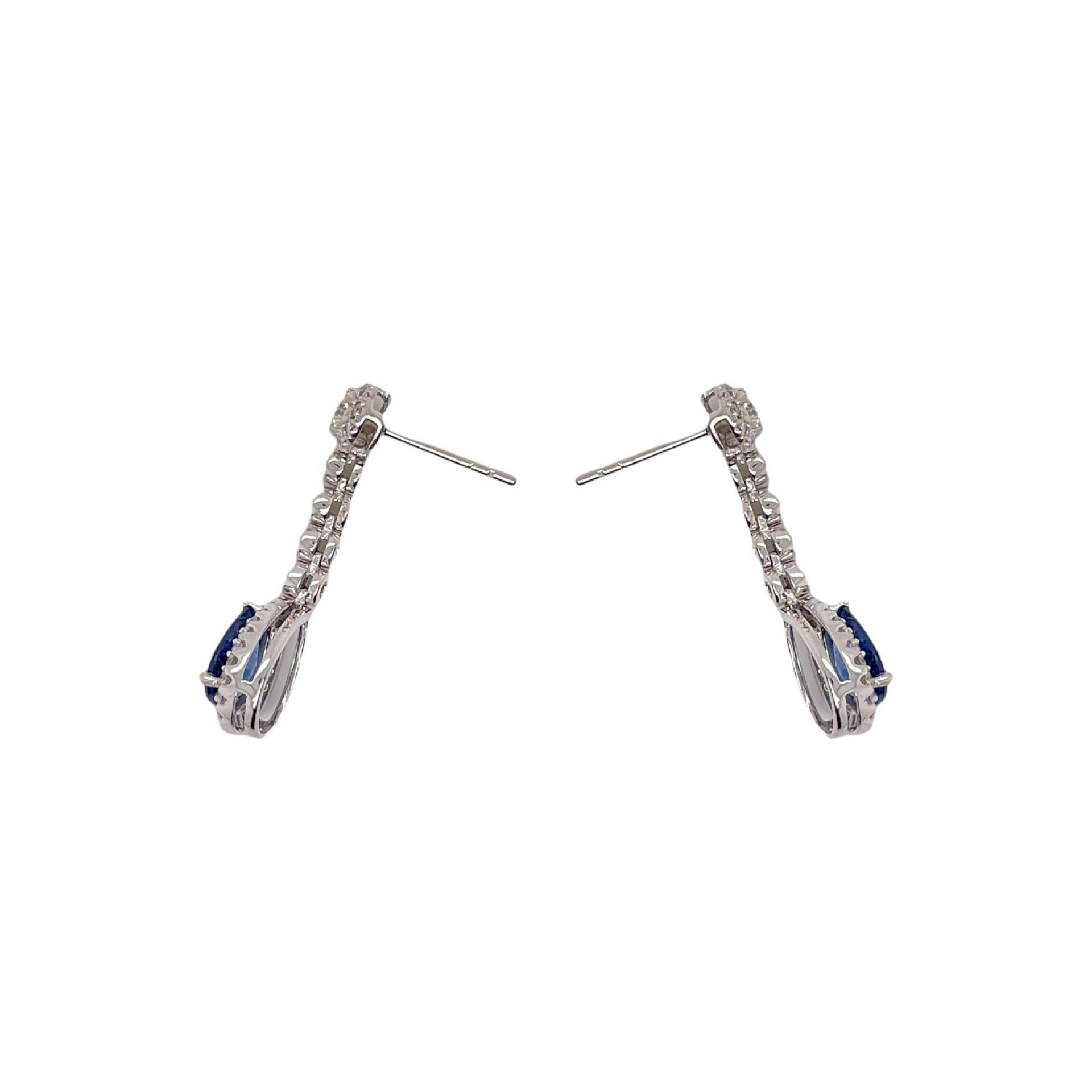Contemporary Pear Shape Sapphire & Diamond Drop Earring in 18K White Gold For Sale