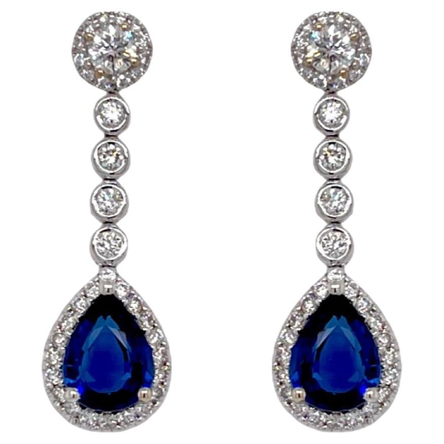 Pear Shape Sapphire & Diamond Drop Earring in 18K White Gold For Sale
