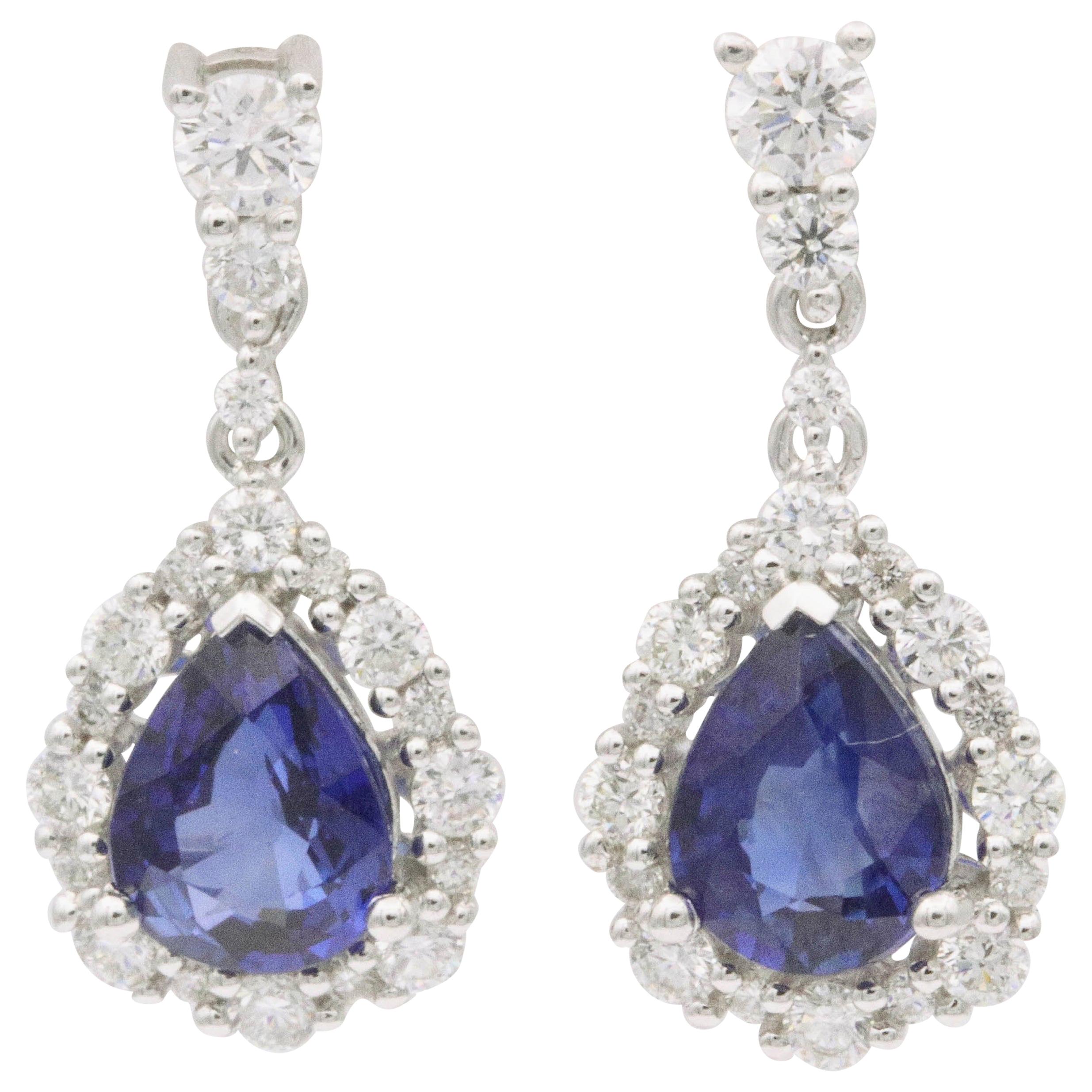 Pear Shape Sapphire Diamond Drop Earrings 18 Karat White Gold 2.43 Carat