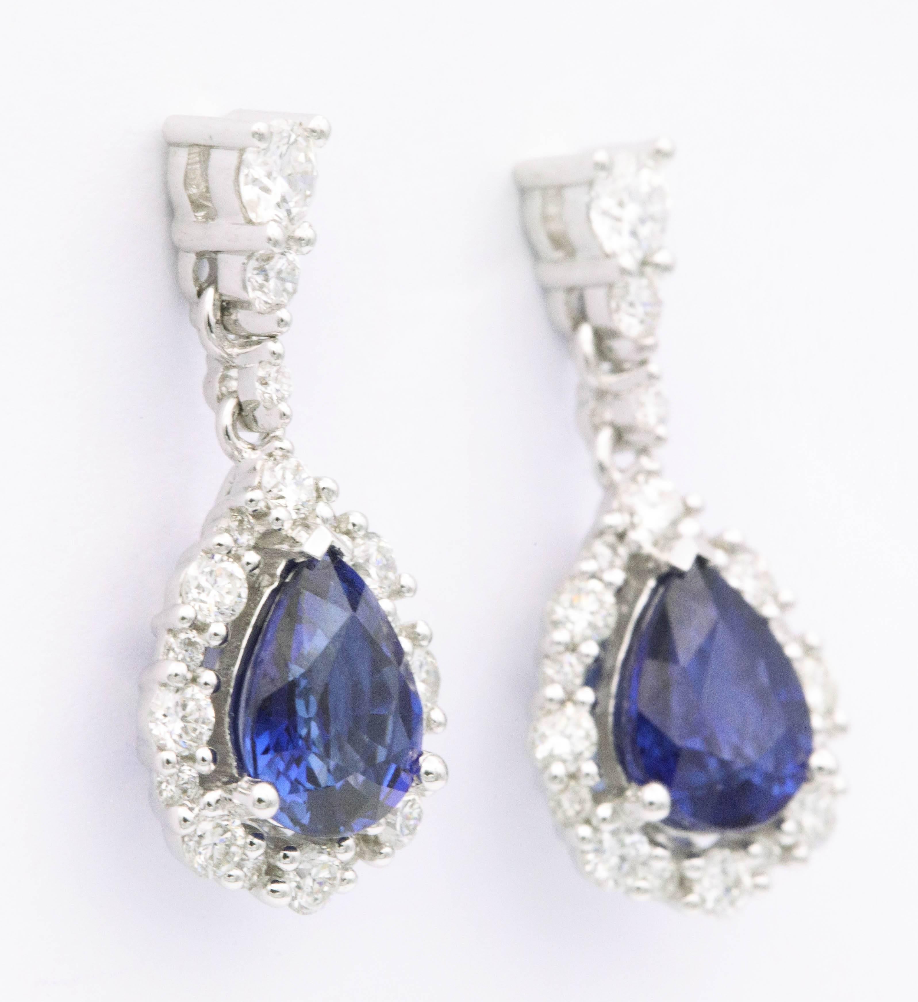 Women's Pear Shape Sapphire Diamond Drop Earrings 18 Karat White Gold 2.43 Carat