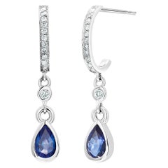 Pear Shape Sapphire Diamond Drop Hoop Gold Earrings