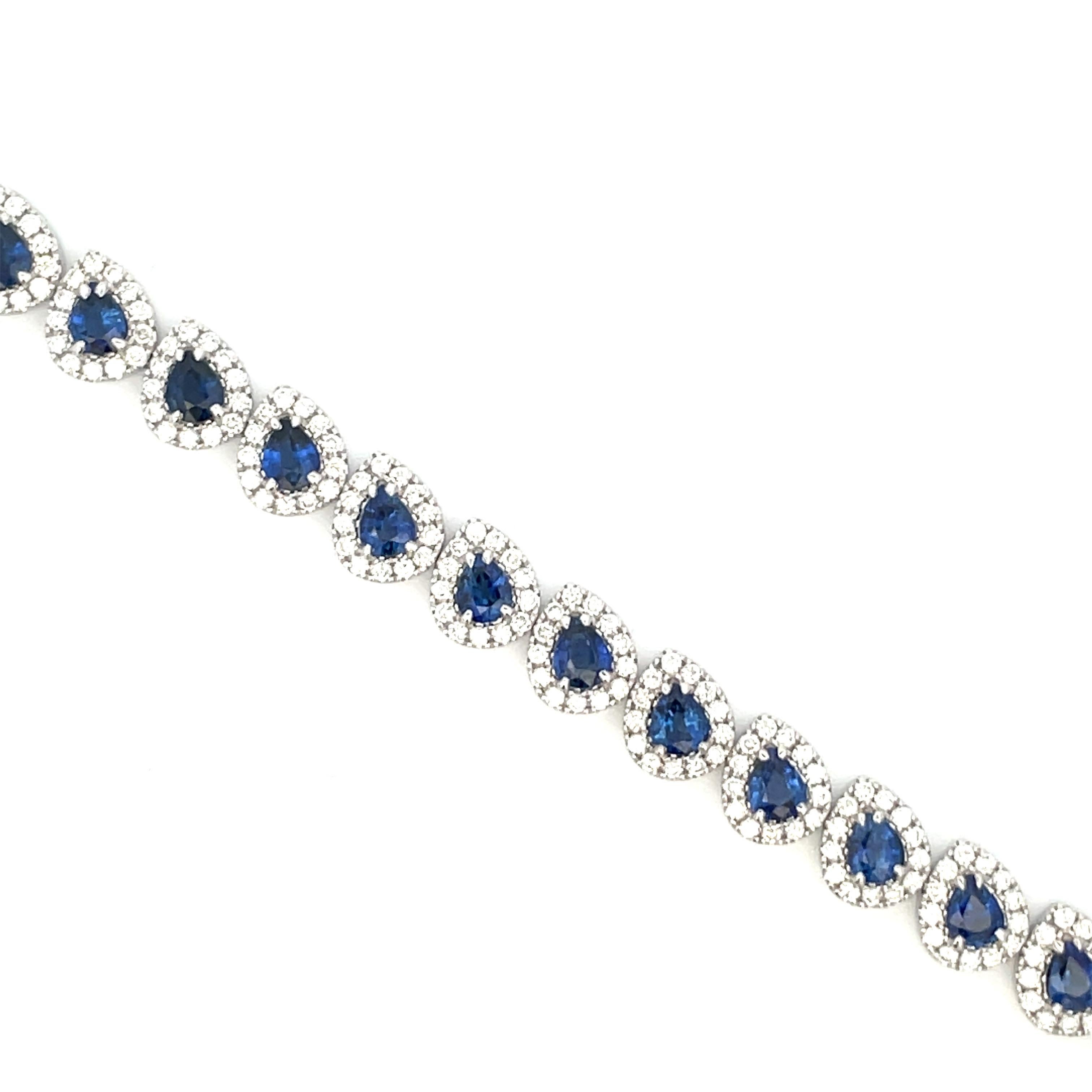 Contemporary Pear Shape Sapphire Diamond Halo Link Bracelet 12.29 CTTW 18 Karat White Gold For Sale