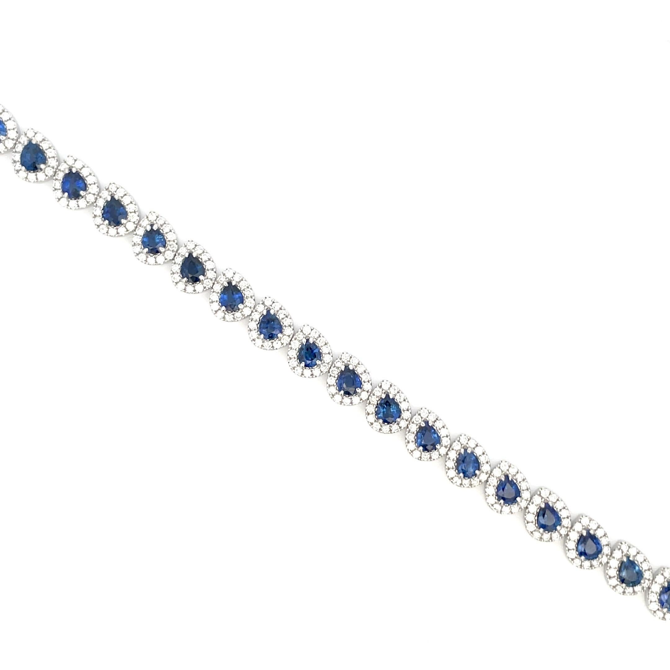 Pear Cut Pear Shape Sapphire Diamond Halo Link Bracelet 12.29 CTTW 18 Karat White Gold For Sale